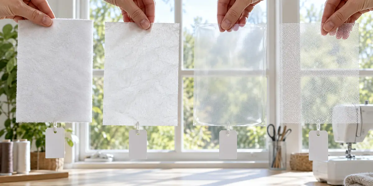 Four stabilizer types held to window light: cut-away, tear-away, wash-away film, and no-show mesh, showing how see-through each is.