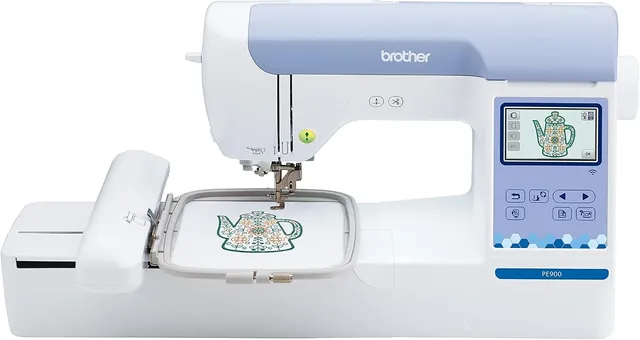 Brother PE900 embroidery machine with its embroidery hoop and touchscreen.