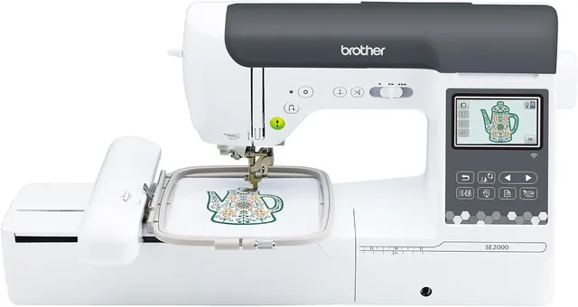 Brother SE2000 sewing and embroidery machine with an embroidery design in its hoop.